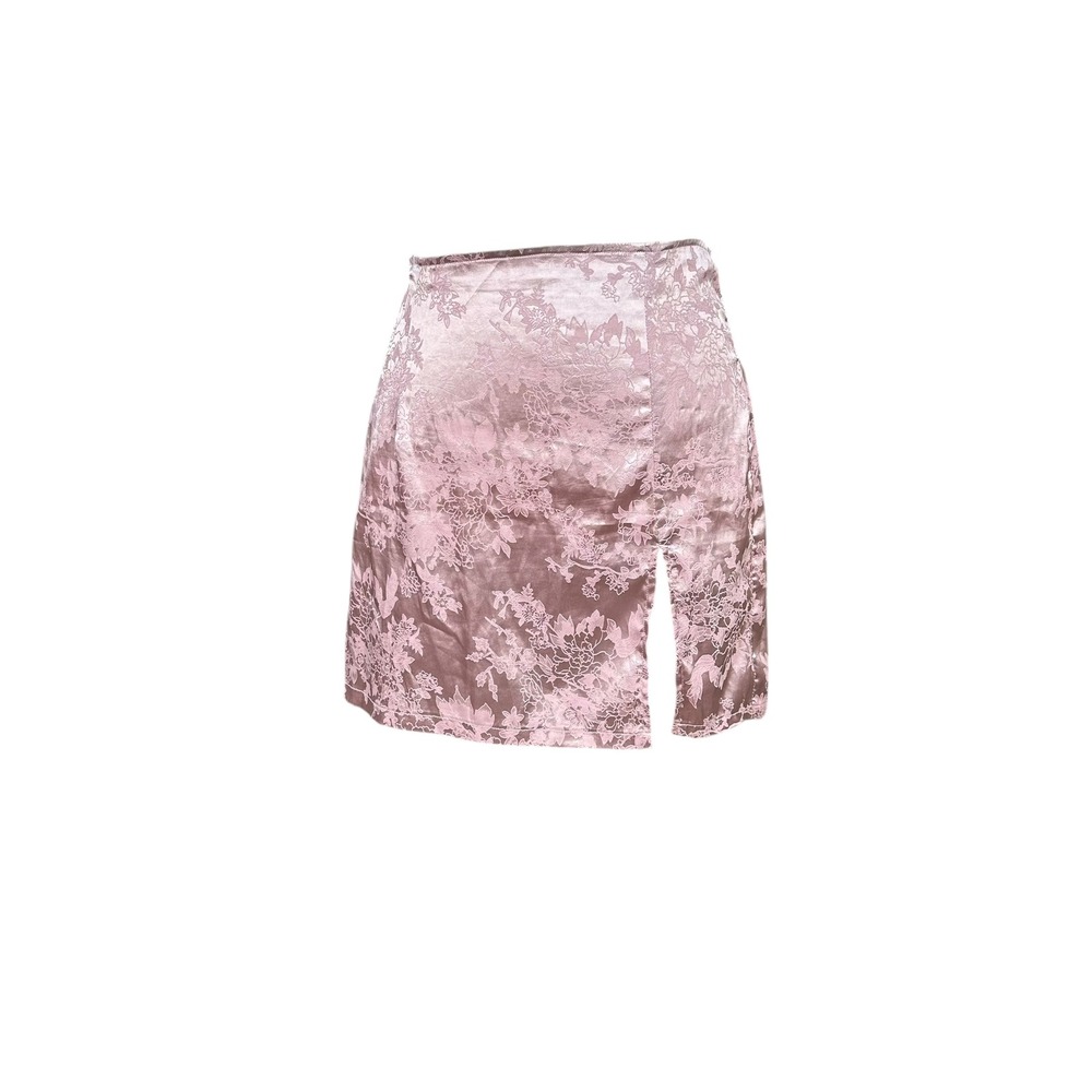 Y2K Style Pink Floral Jacquard Satin Mini Skirt High Waist Side Slit Pattern S